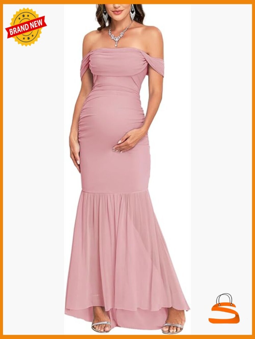 Off Shoulder Maternity Dress Elegant Mesh Mermaid Ruched Maxi Gown for Baby